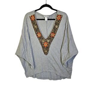 Ludi Womens Grey Stretchy Dolman Sleeve Top Blouse Intricate Beaded V Neck Large